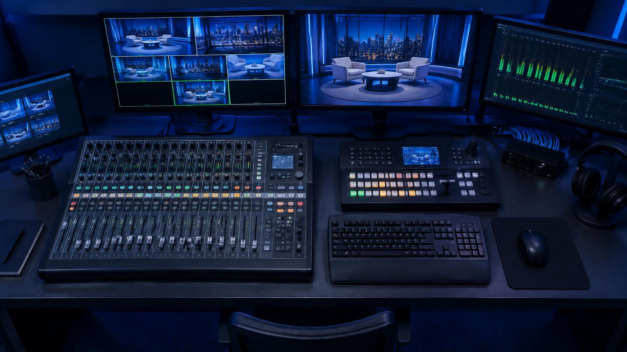 Overhead view of a broadcast control desk with audio mixing console and monitors