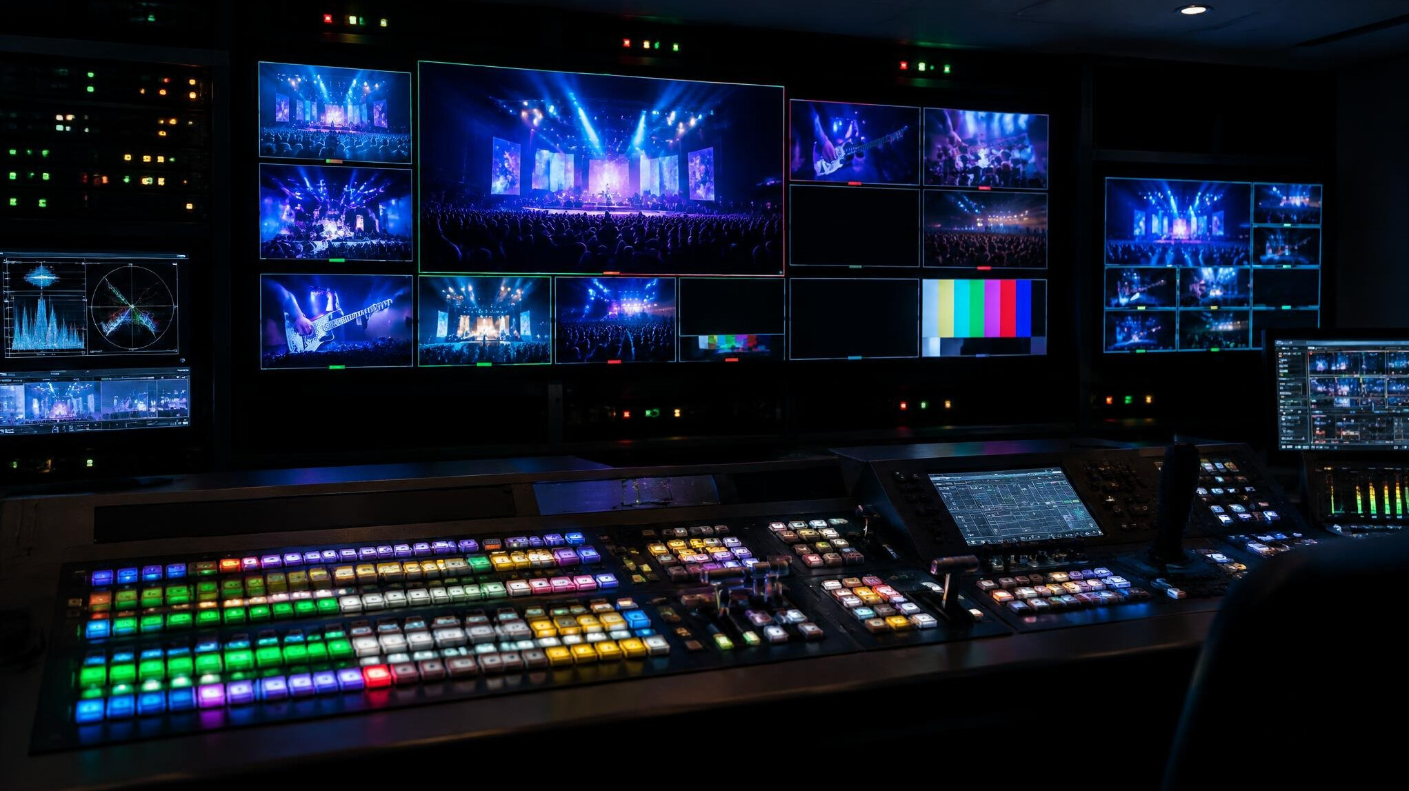 Live production gallery with a wall of monitors and vision mixer