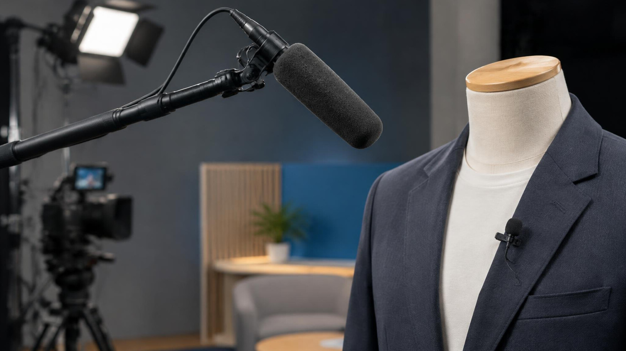 Boom microphone and lavalier microphone on a studio set