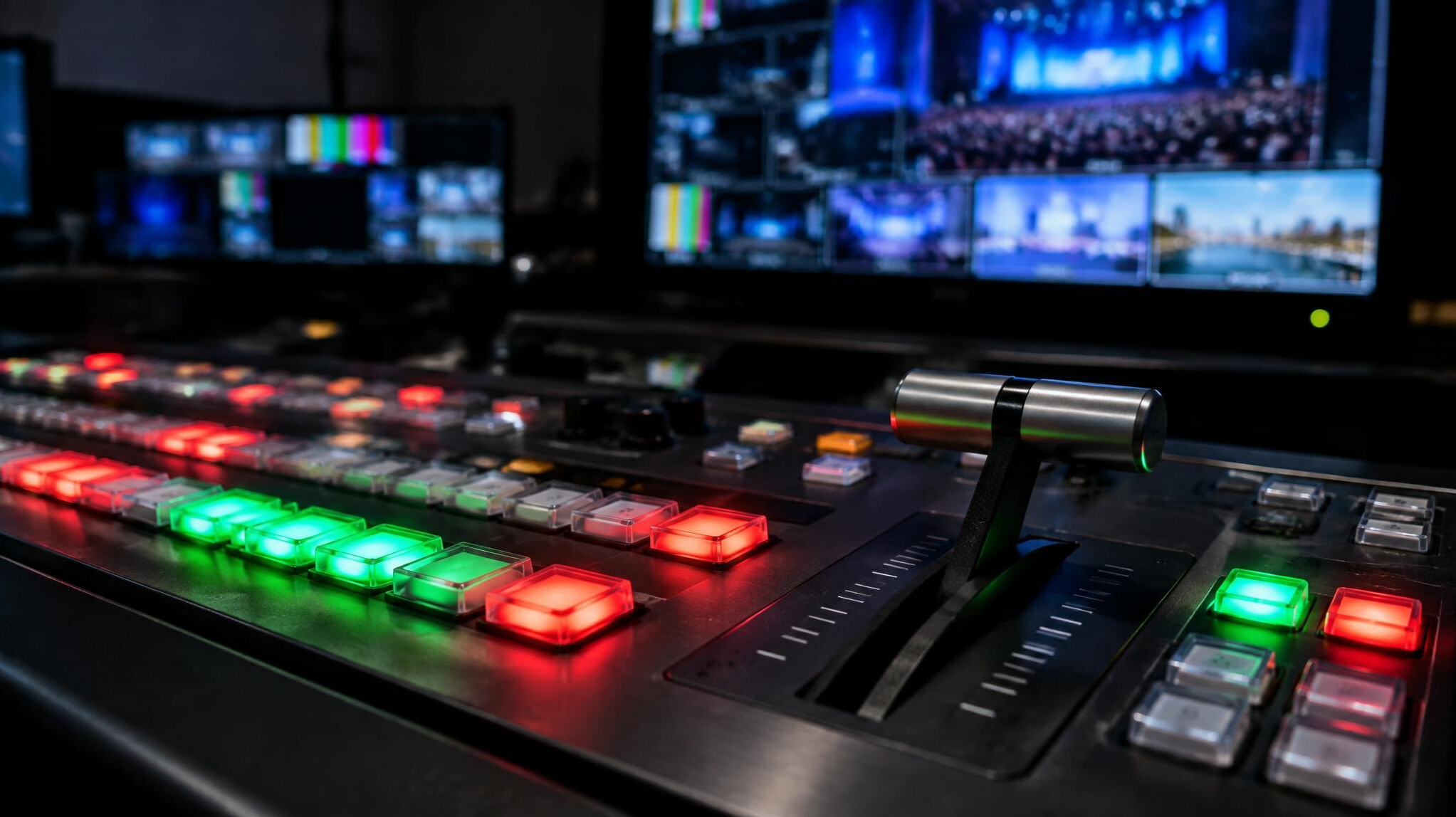Vision mixer panel with illuminated buttons in a production gallery