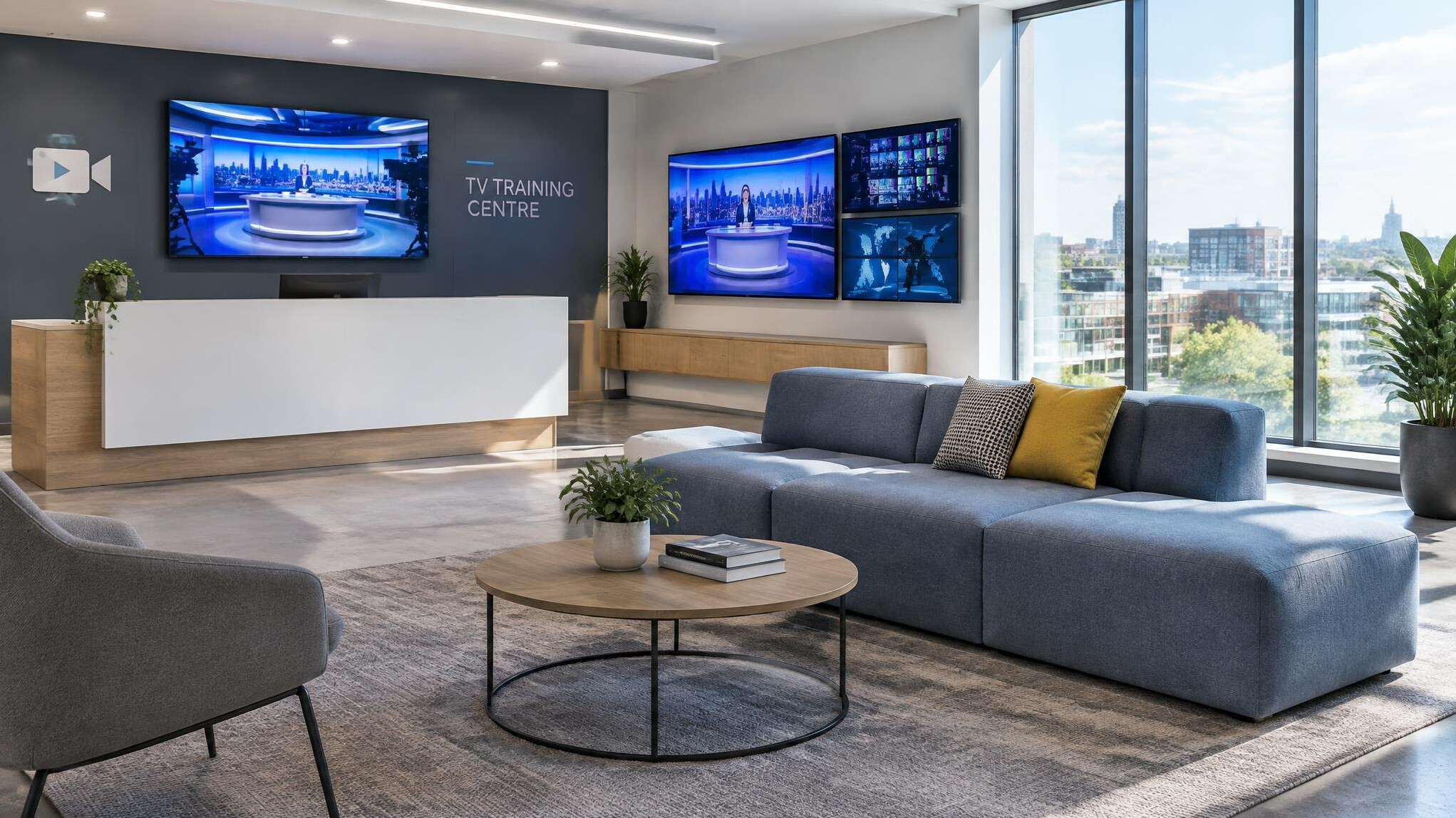 Reception area of a modern television training centre with a sofa and framed monitors