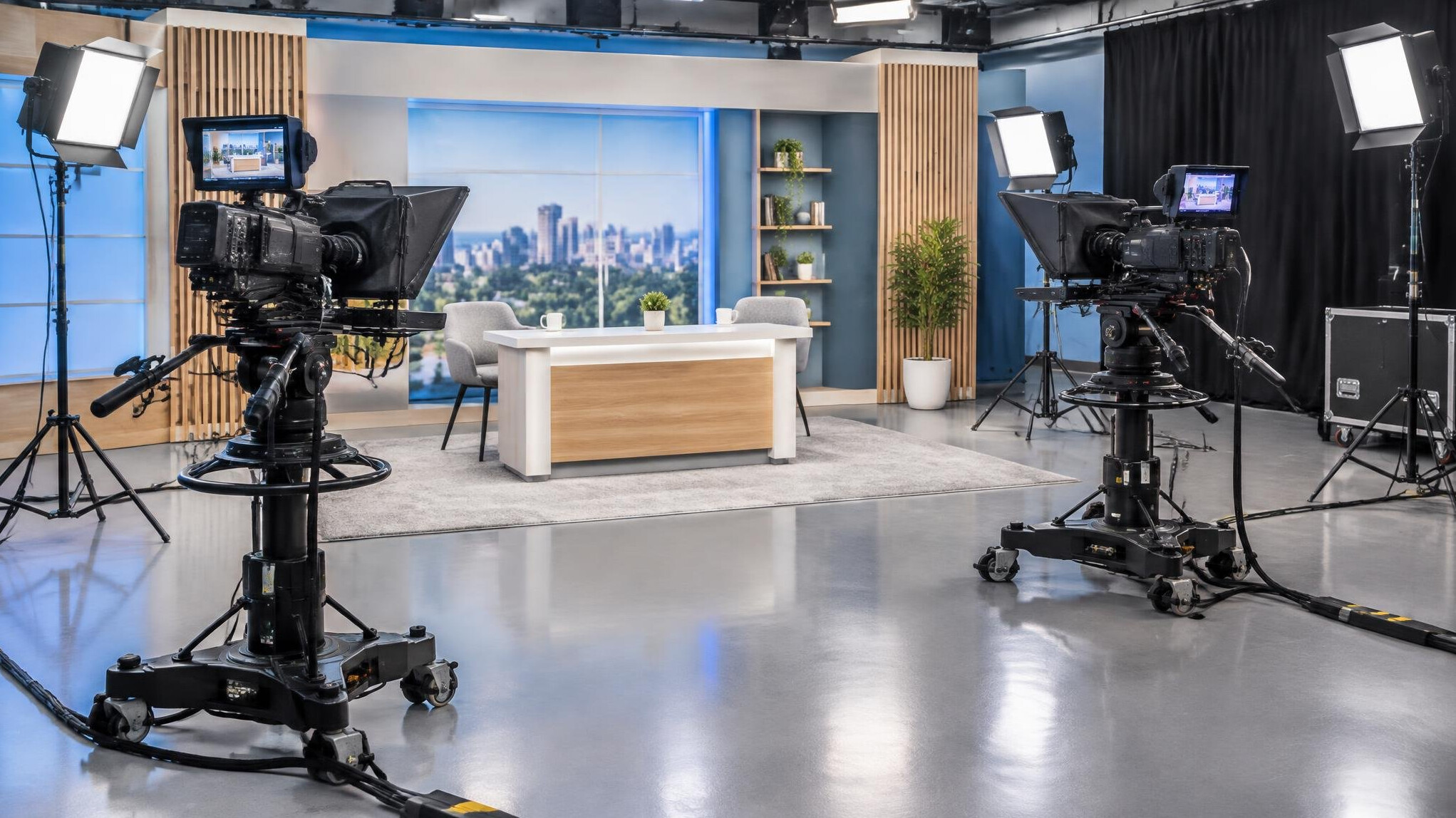 Training studio floor with cameras, lights and a small news desk