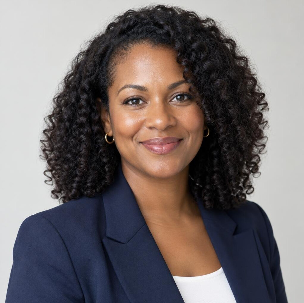 Portrait of a smiling woman with dark curly hair in a blazer